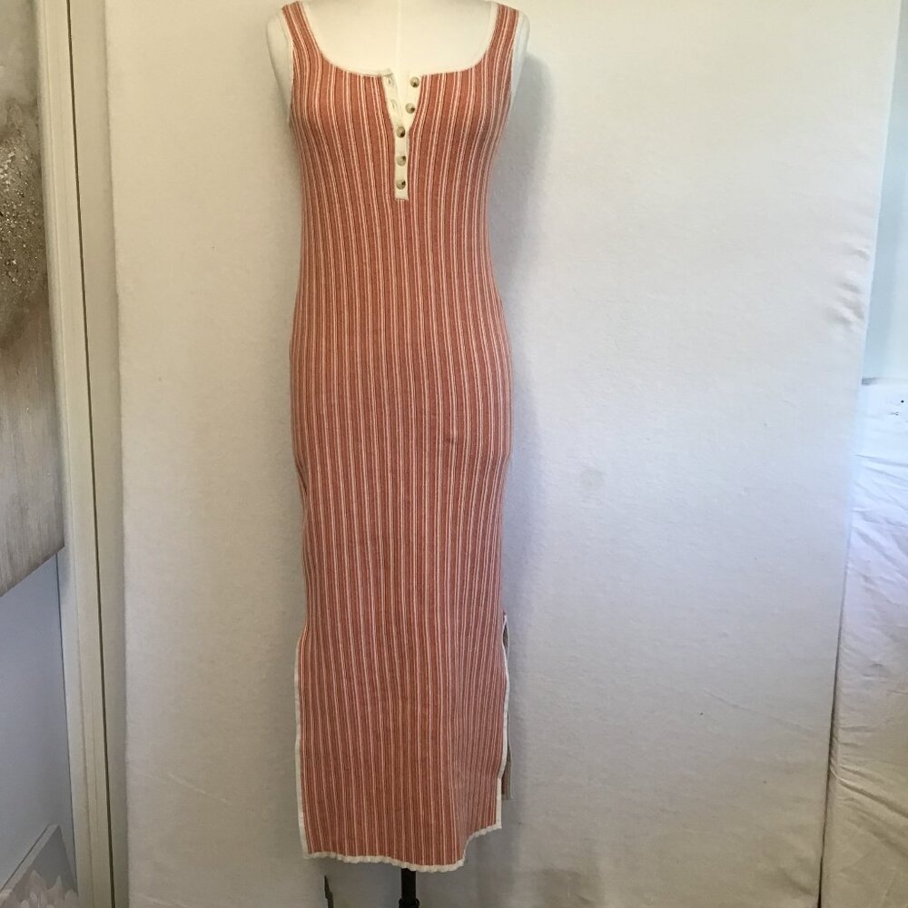 Sleeveless Ribbed Midi Dress in Rust Stripe